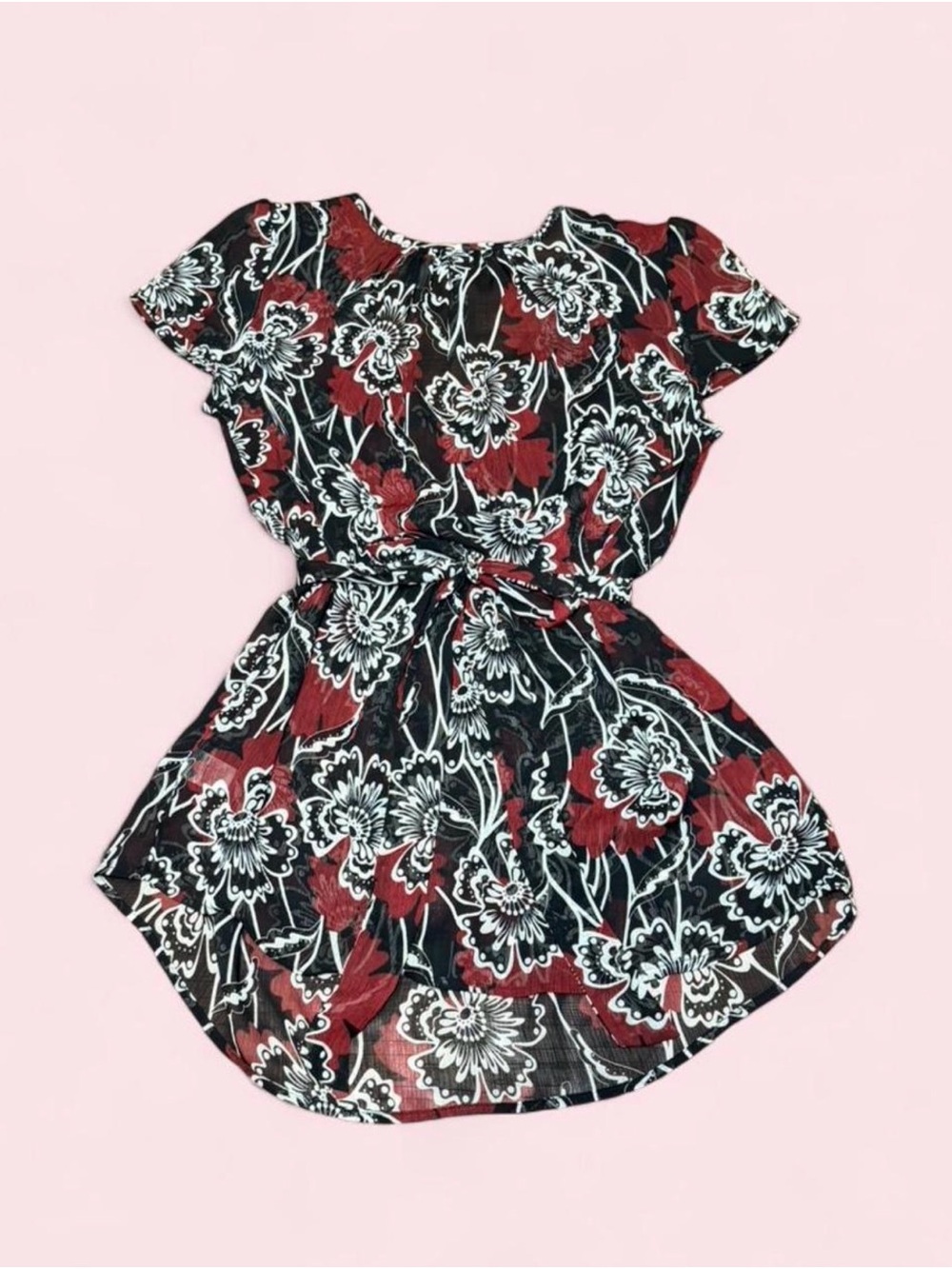 Y2K Sheer Floral Babydoll Top Flutter Sleeve Tie Waist Blouse Small - Picture 7 of 8